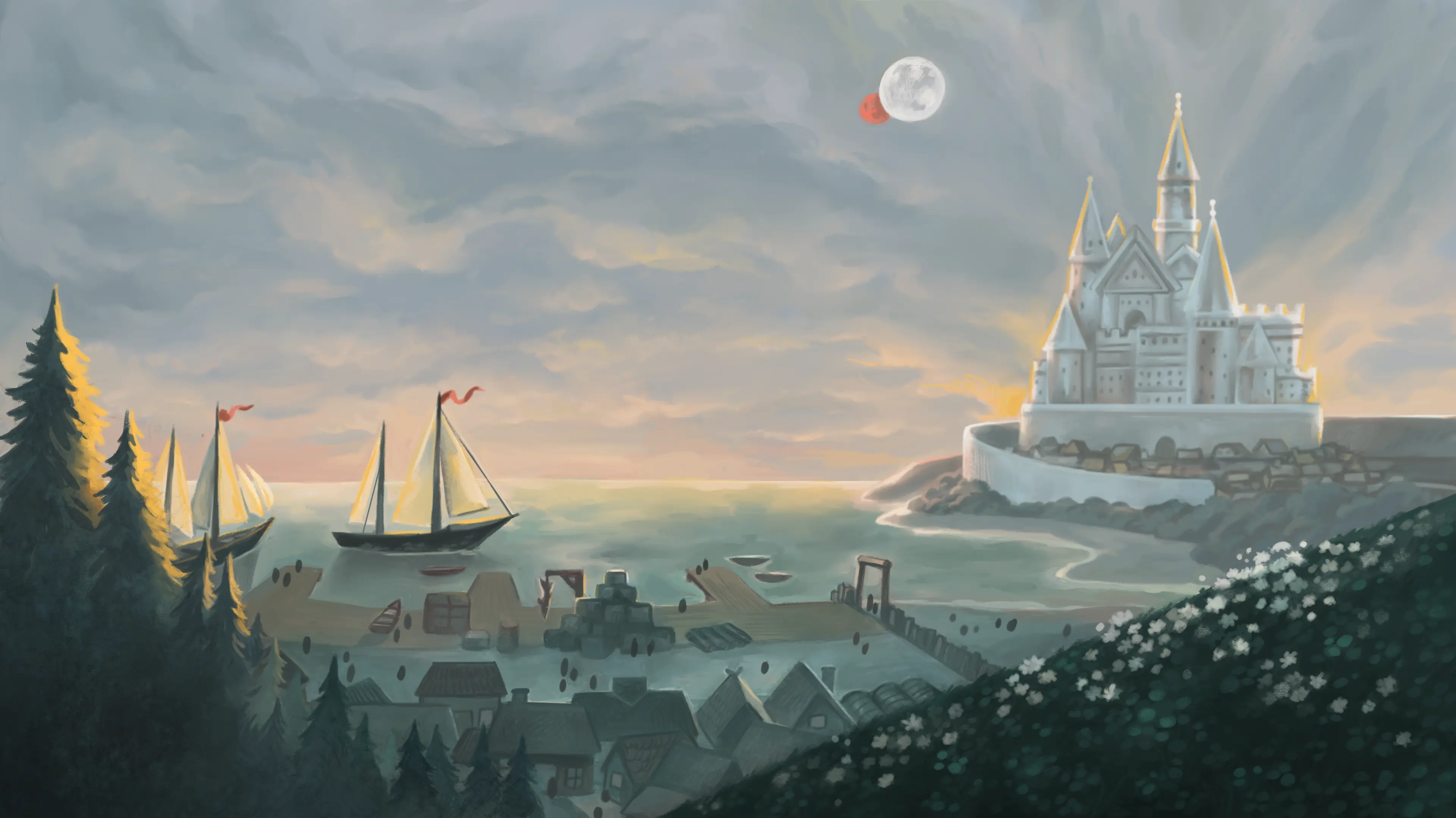 landscape of a castle above ships and a port